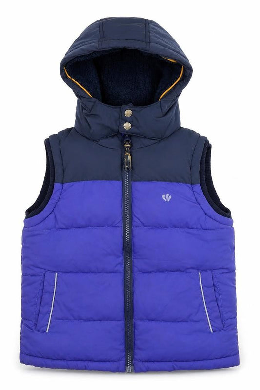 Front view of FatFace boys’ blue hooded puffer gilet 6-7 years winter jacket
