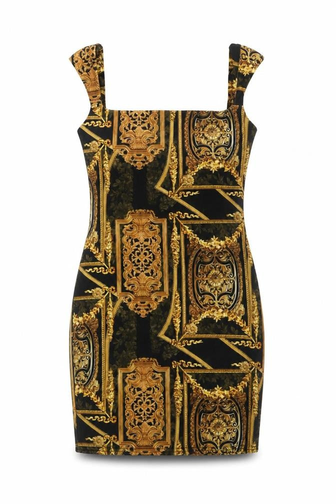 PrettyLittleThing Women's Black Gold Baroque Bodycon Dress Size 10