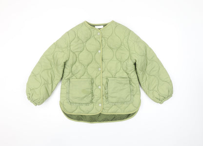 Additional front view of Leigh Tucker Willow girls’ green quilted ruffle jacket 8-9 years