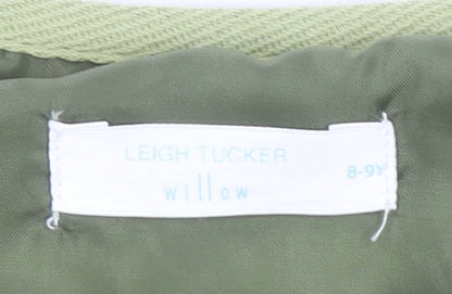 Brand and care label for Leigh Tucker Willow girls’ green quilted ruffle jacket 8-9 years