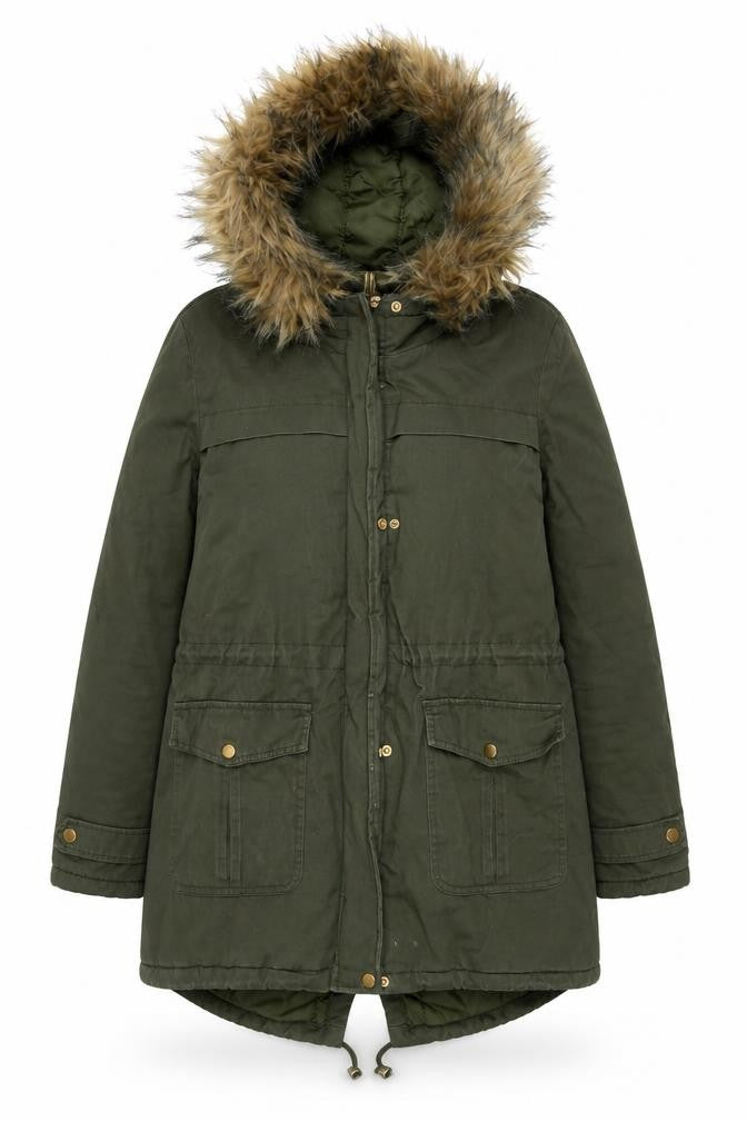 New Look Women’s Green Faux Fur Trim Parka Coat Size 12