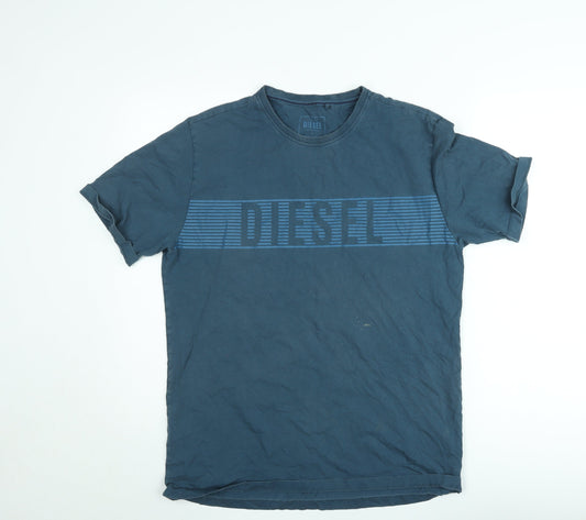 Diesel Men's Blue Logo Graphic Crew Neck Cotton T-Shirt Size L