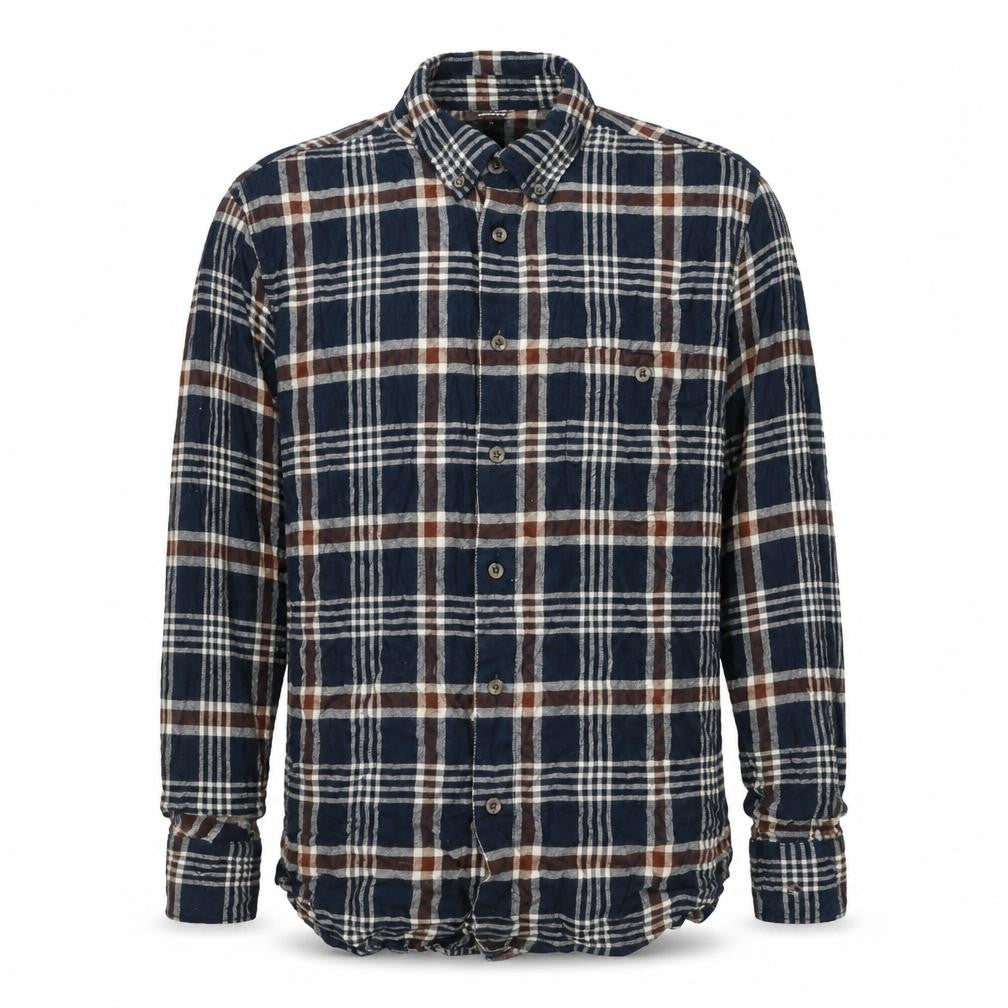 Dunnes Men's Navy Brown Check Flannel Cotton Button-Up Shirt L Regular Fit