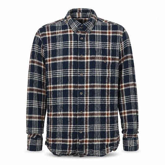 Dunnes Men's Navy Brown Check Flannel Cotton Button-Up Shirt L Regular Fit