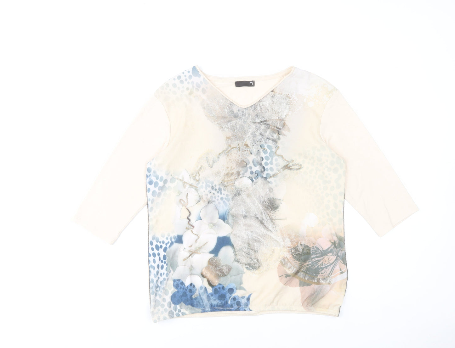 TR Women's Beige Floral V-Neck 3/4 Sleeve T-Shirt Size 14