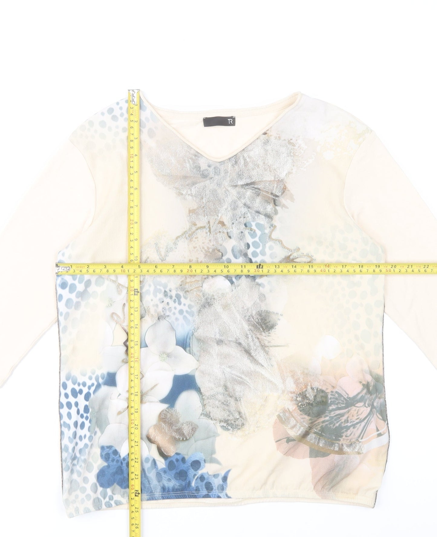TR Women's Beige Floral V-Neck 3/4 Sleeve T-Shirt Size 14