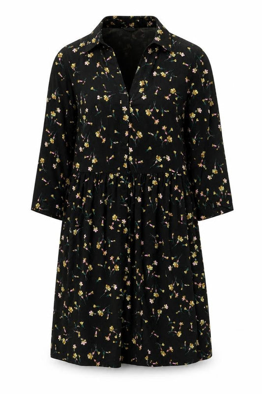Joules Women Black Floral 3/4 Sleeve Viscose Shirt Dress Size 10