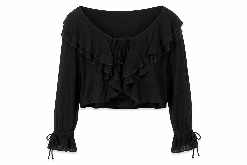 PRETTYLITTLETHING Women's Black Ruffle Long Sleeve Cropped Blouse Size 6