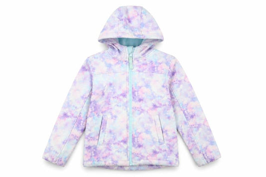 Front view of Mountain Warehouse girls’ pastel tie dye soft shell hooded jacket 7-8 years