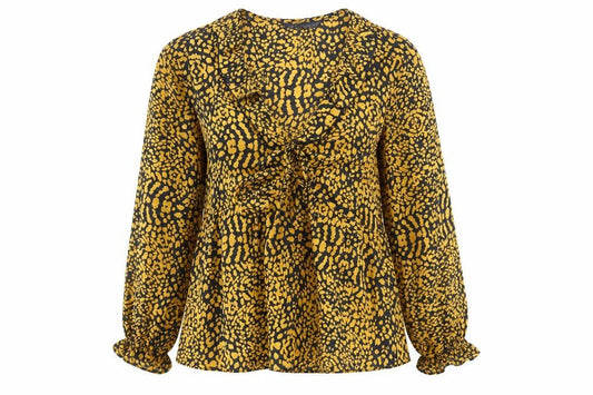 Front view of Dunnes Women’s Yellow Animal Print Chiffon Tunic Blouse, size UK 12