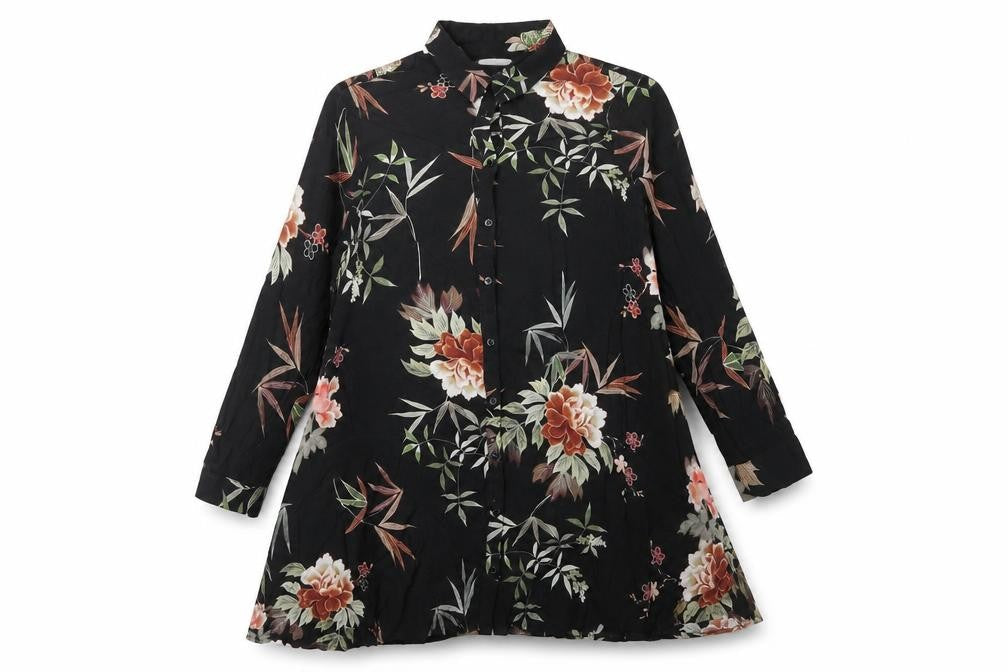 Zara Woman Black Floral Button-Up Tunic Shirt 3/4 Sleeve Size S