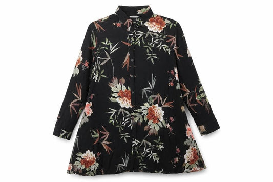 Front view of Zara Woman Black Floral Button-Up Tunic Shirt 3/4 Sleeve, size S