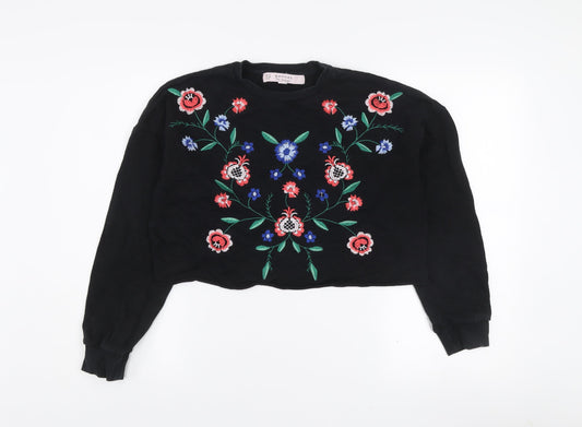Miss Selfridge Petites Black Floral Embroidered Cotton Jumper UK 10