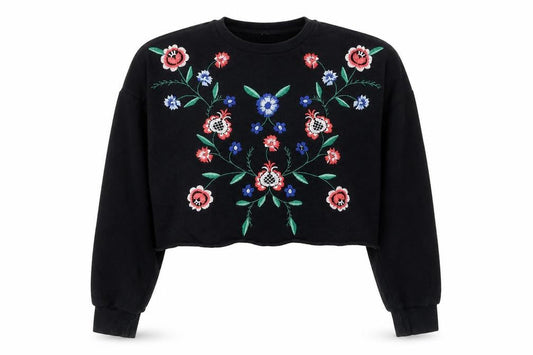 Front view of Miss Selfridge Petites Black Floral Embroidered Cotton Jumper UK 10