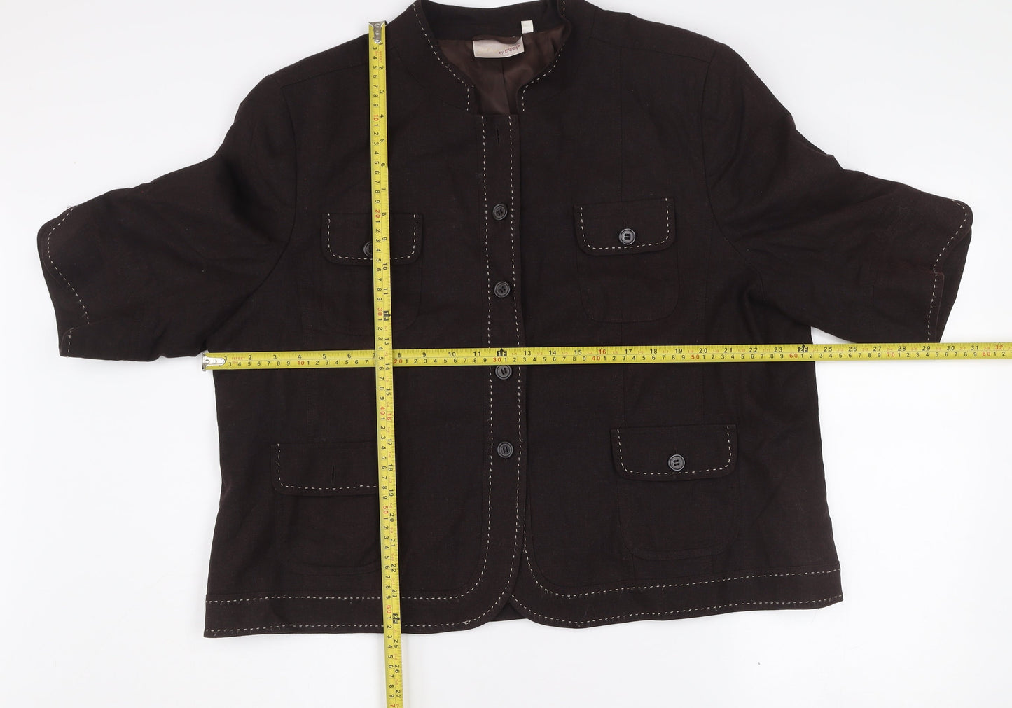 EWM Women's Brown Linen Blend 3/4 Sleeve Button Blazer Size 22