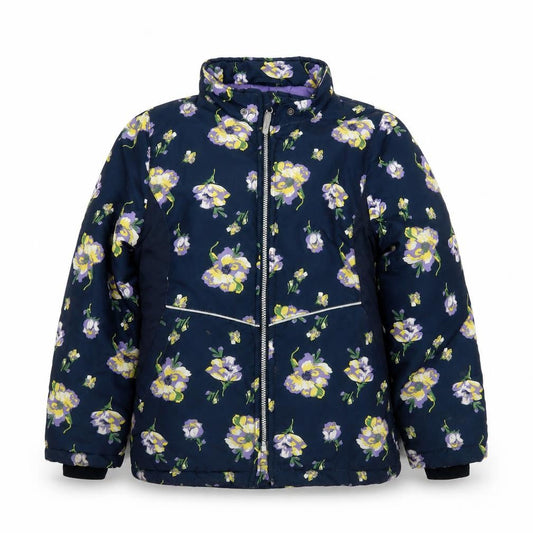Front view of NAME IT girls’ blue floral puffer jacket 10 years winter full zip