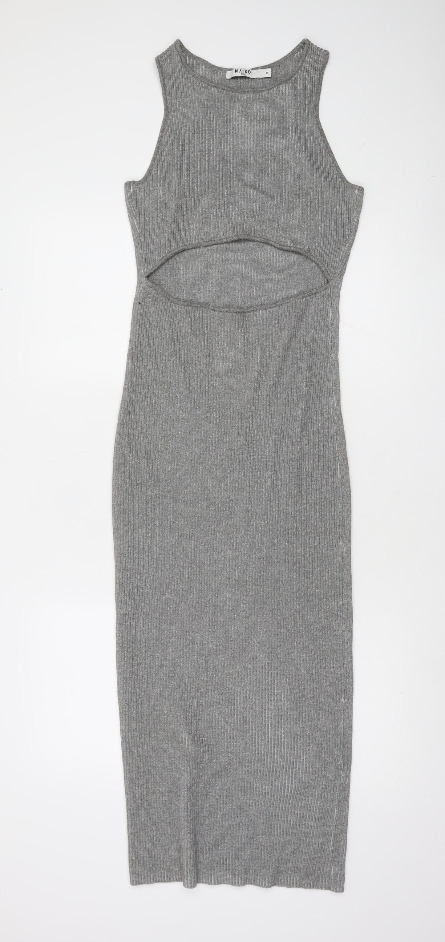 NA-KD Women Grey Ribbed Knit Bodycon Cut Out Midi Dress XS