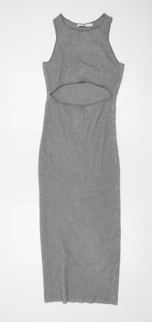 NA-KD Women Grey Ribbed Knit Bodycon Cut Out Midi Dress XS