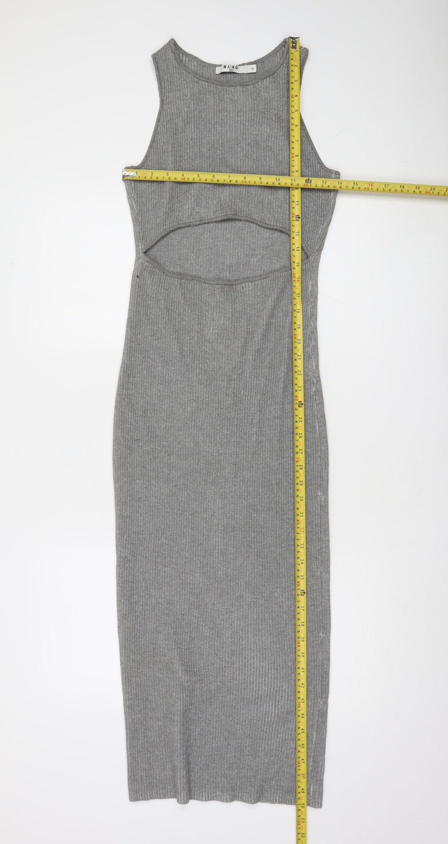 NA-KD Women Grey Ribbed Knit Bodycon Cut Out Midi Dress XS
