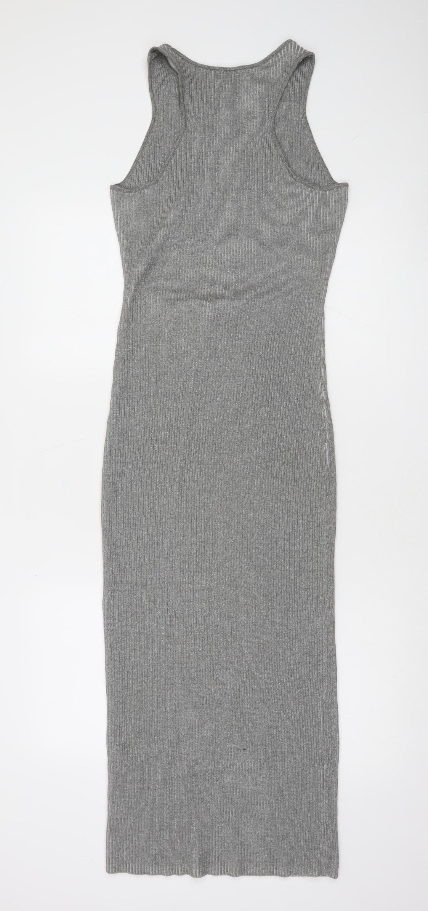 NA-KD Women Grey Ribbed Knit Bodycon Cut Out Midi Dress XS