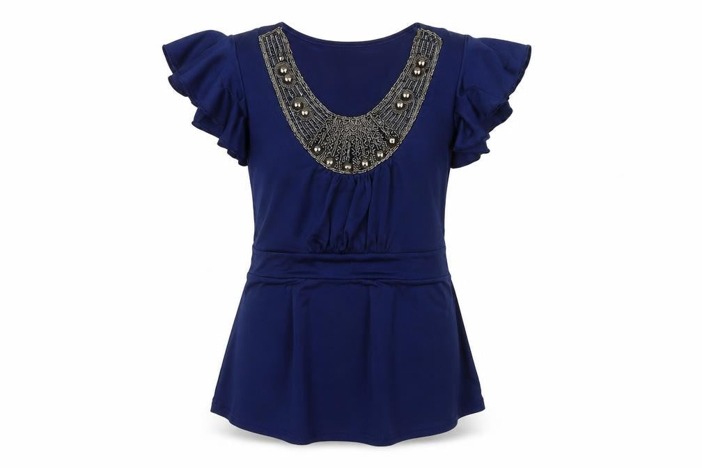 A|wear Women's Blue Beaded Tunic Blouse Short Sleeve Size S