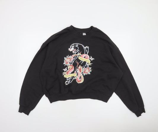 H&M Divided Womens Black XL Pullover Sweatshirt Panther & Snake Print