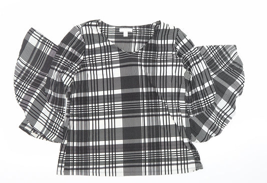 Charter Club Women's Black Check Puff Sleeve Petite L Blouse Top