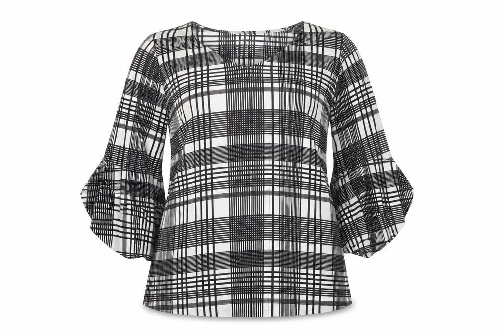 Charter Club Women's Black Check Puff Sleeve Petite L Blouse Top
