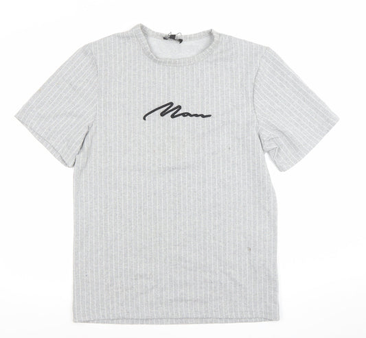 boohooMAN Men's Grey Striped Short Sleeve Crew Neck T-Shirt Size S