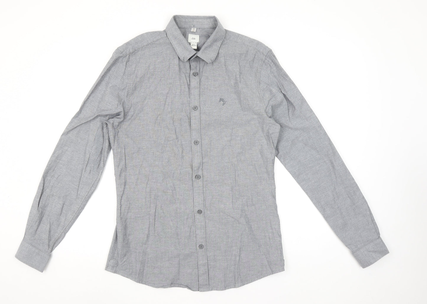 River Island Men's Grey Long Sleeve Stretch Button-Up Shirt S