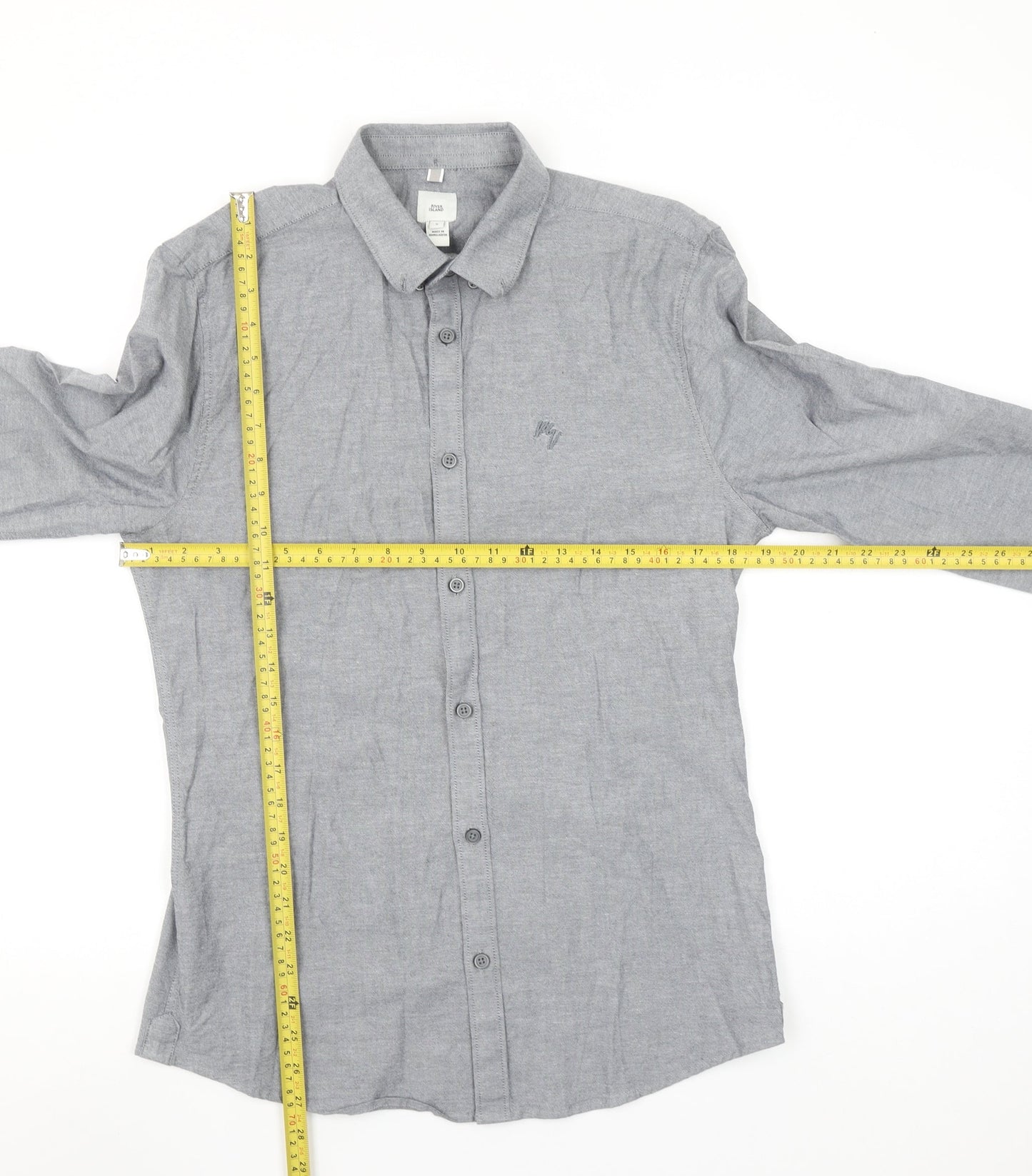 River Island Men's Grey Long Sleeve Stretch Button-Up Shirt S