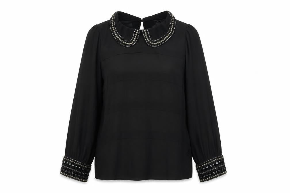 Dunnes Women Black Beaded Collar Chiffon Blouse Size 12