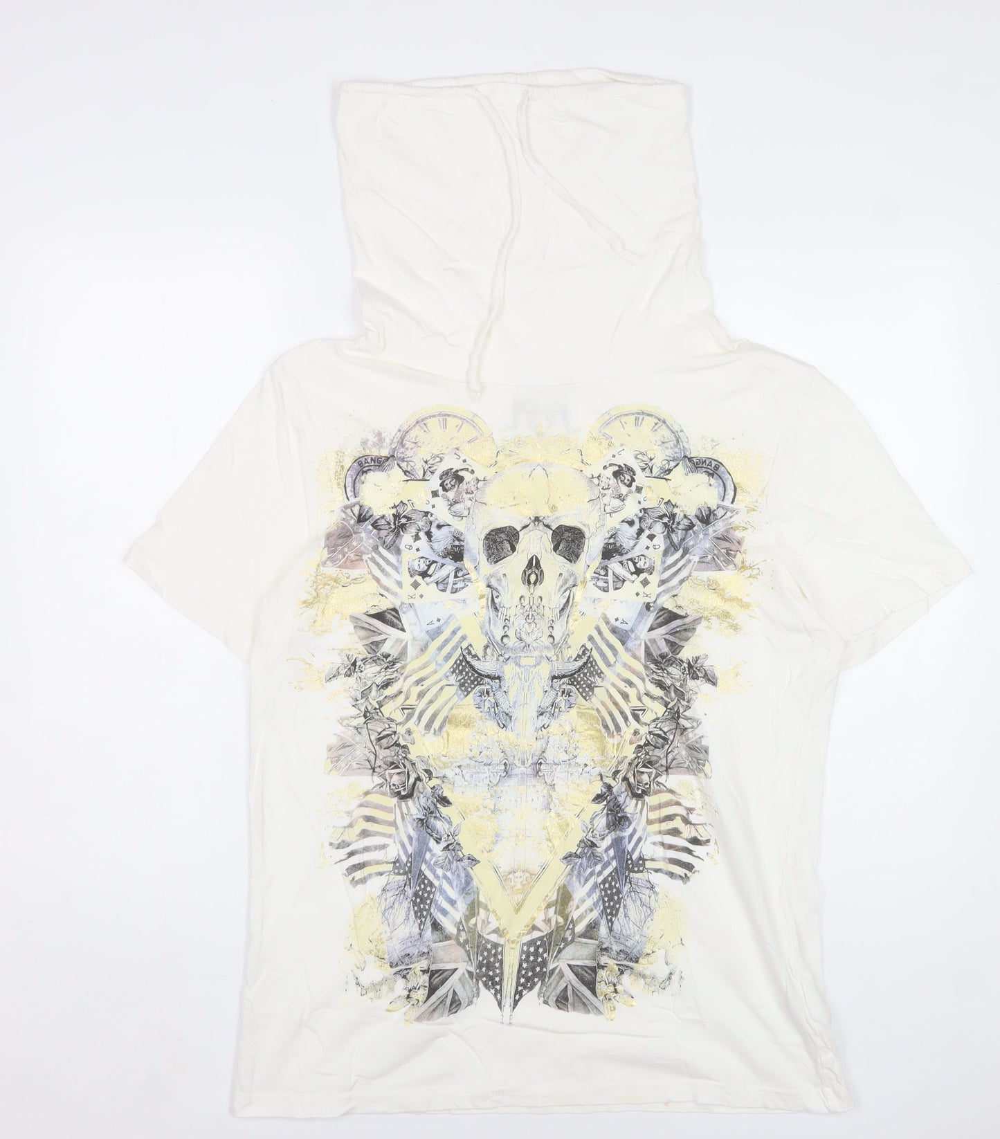Denim73 Womens White Skull Graphic Hooded T-Shirt Size L