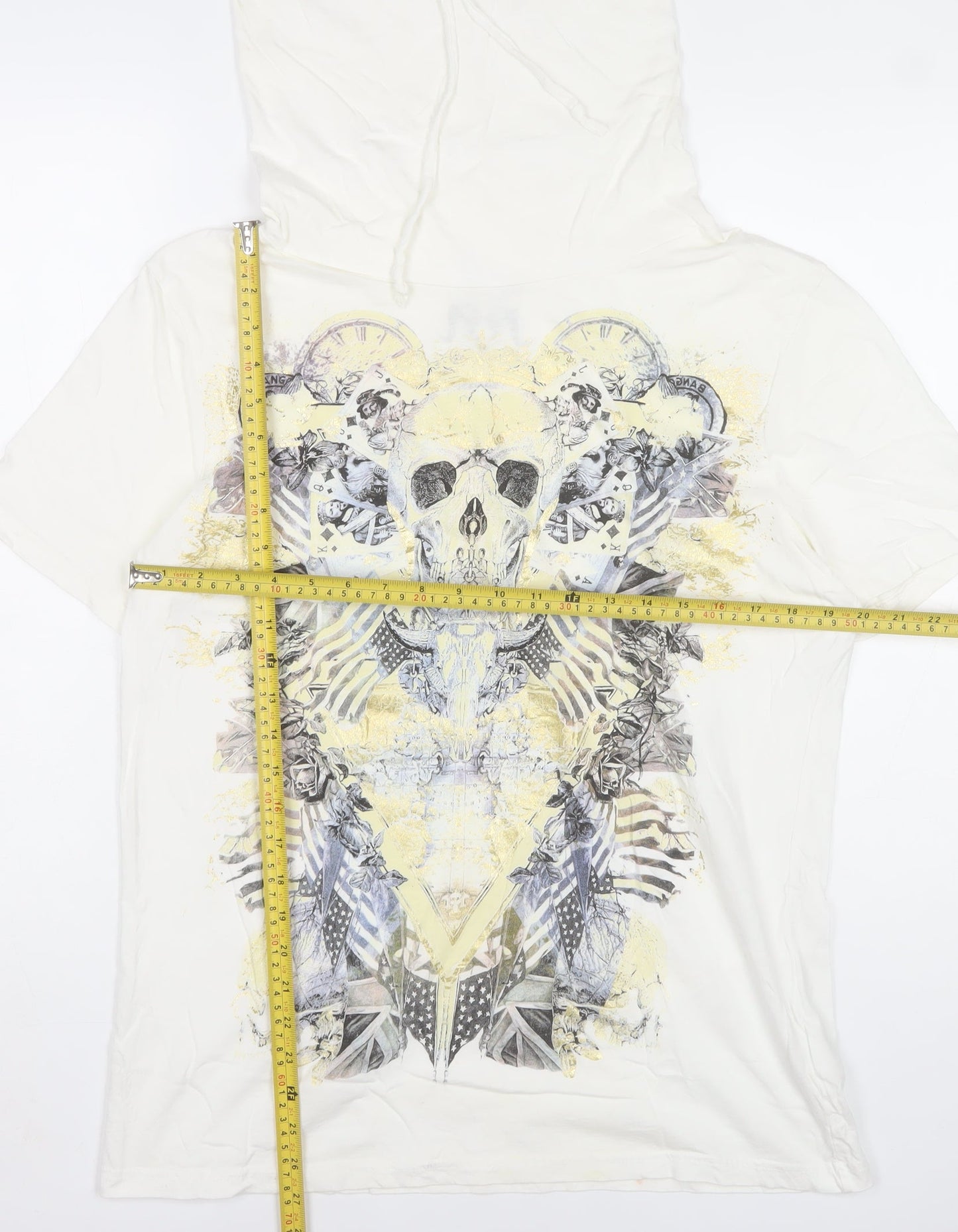 Denim73 Womens White Skull Graphic Hooded T-Shirt Size L