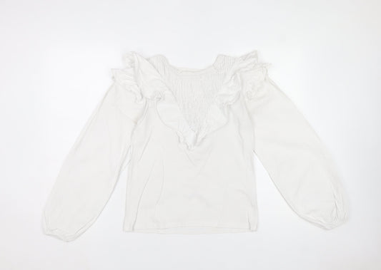 River Island Women's White Ruffle V-Neck Cotton Long Sleeve Blouse Size 8