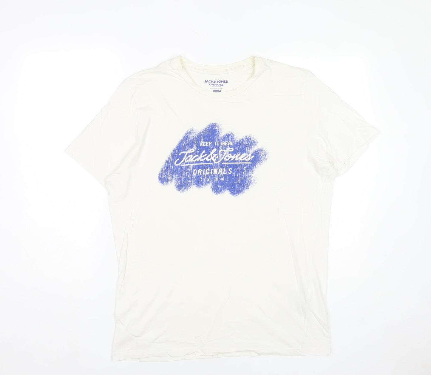 Jack & Jones Men's White Graphic Print T-Shirt Size L Regular Fit