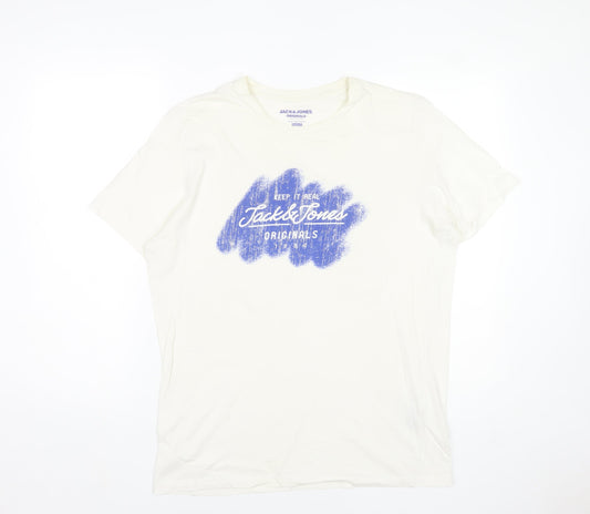 Jack & Jones Men's White Graphic Print T-Shirt Size L Regular Fit