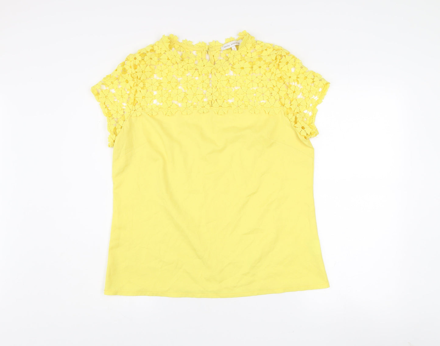 Marc Angelo Women Yellow Lace High Neck Short Sleeve Blouse Size 14