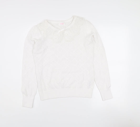 Savida Women White XS Knit Long Sleeve Blouse with Embroidered Collar