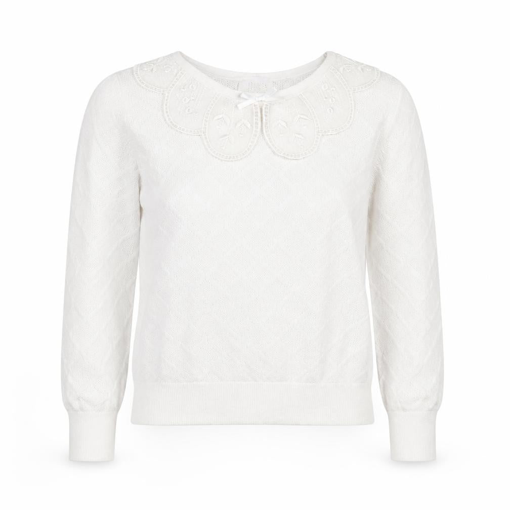 Savida Women White XS Knit Long Sleeve Blouse with Embroidered Collar