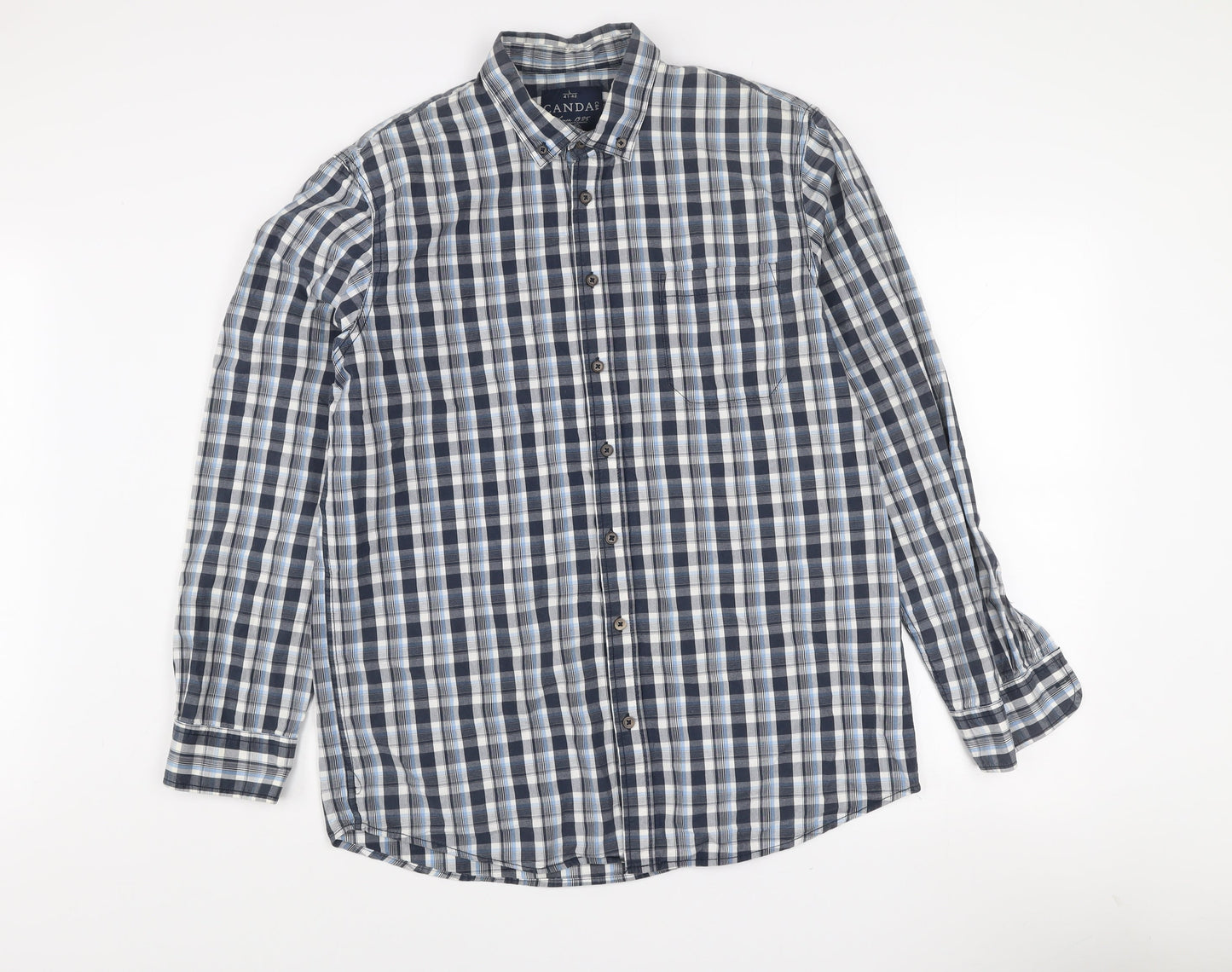C&A Men's Blue Check Long Sleeve Button-Up Cotton Shirt L