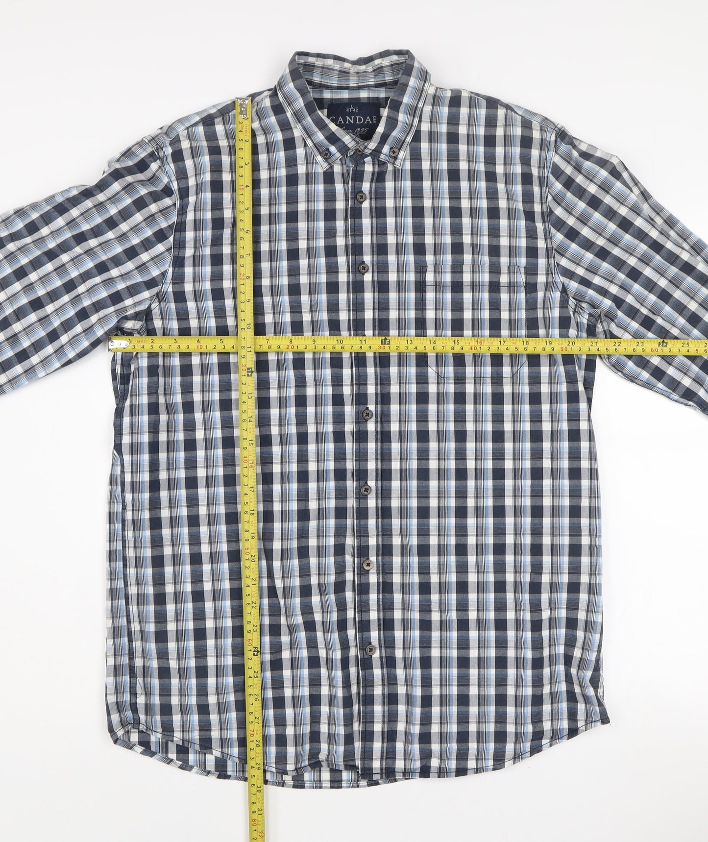 C&A Men's Blue Check Long Sleeve Button-Up Cotton Shirt L