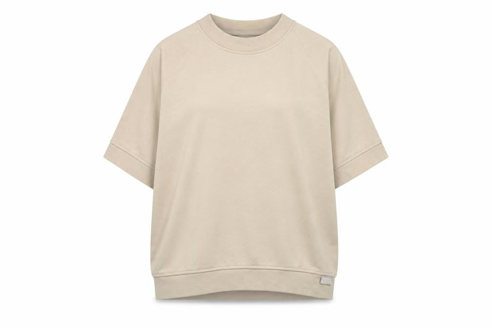 Couture Beige Short Sleeve Crew Neck Pullover Sweatshirt Women M