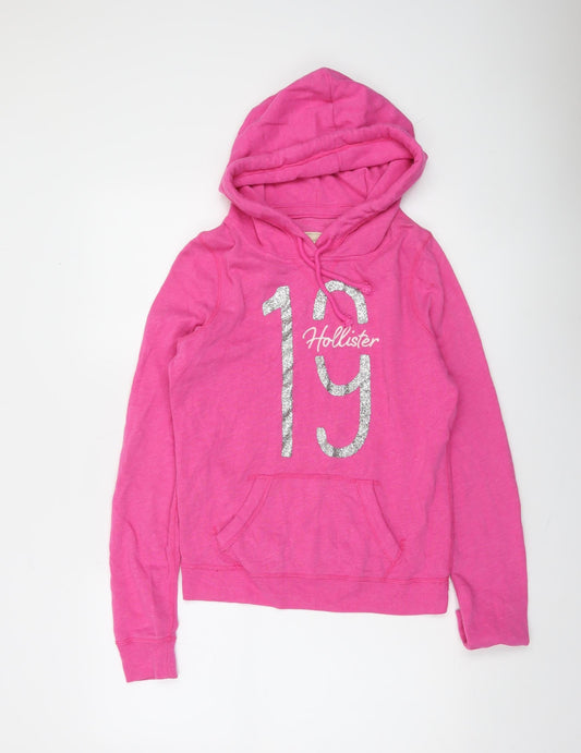 Hollister Women Pink Glitter Logo Pullover Hoodie Size M