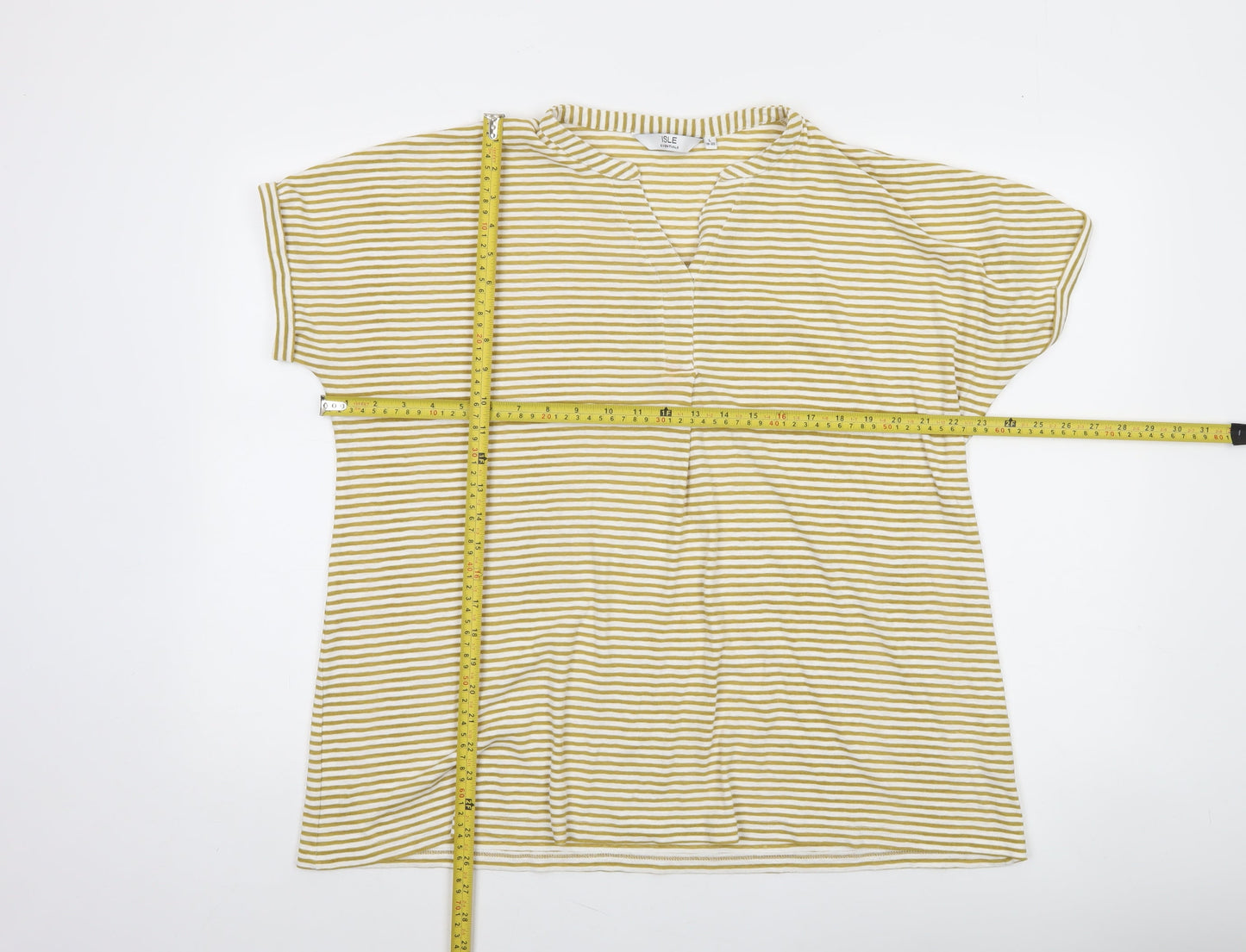 Isle Essentials Women’s L 18-20 Yellow White Striped V-Neck T-Shirt