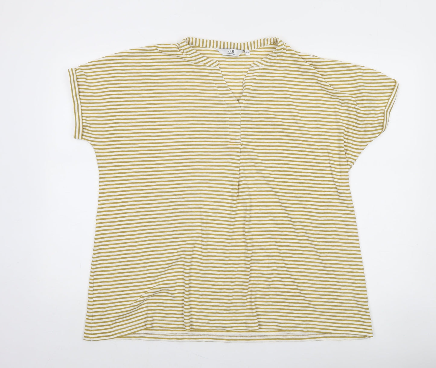 Isle Essentials Women’s L 18-20 Yellow White Striped V-Neck T-Shirt