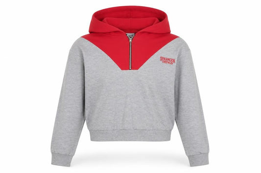 Stranger Things Grey Red XS Women's Hoodie Netflix Half Zip Cotton Blend