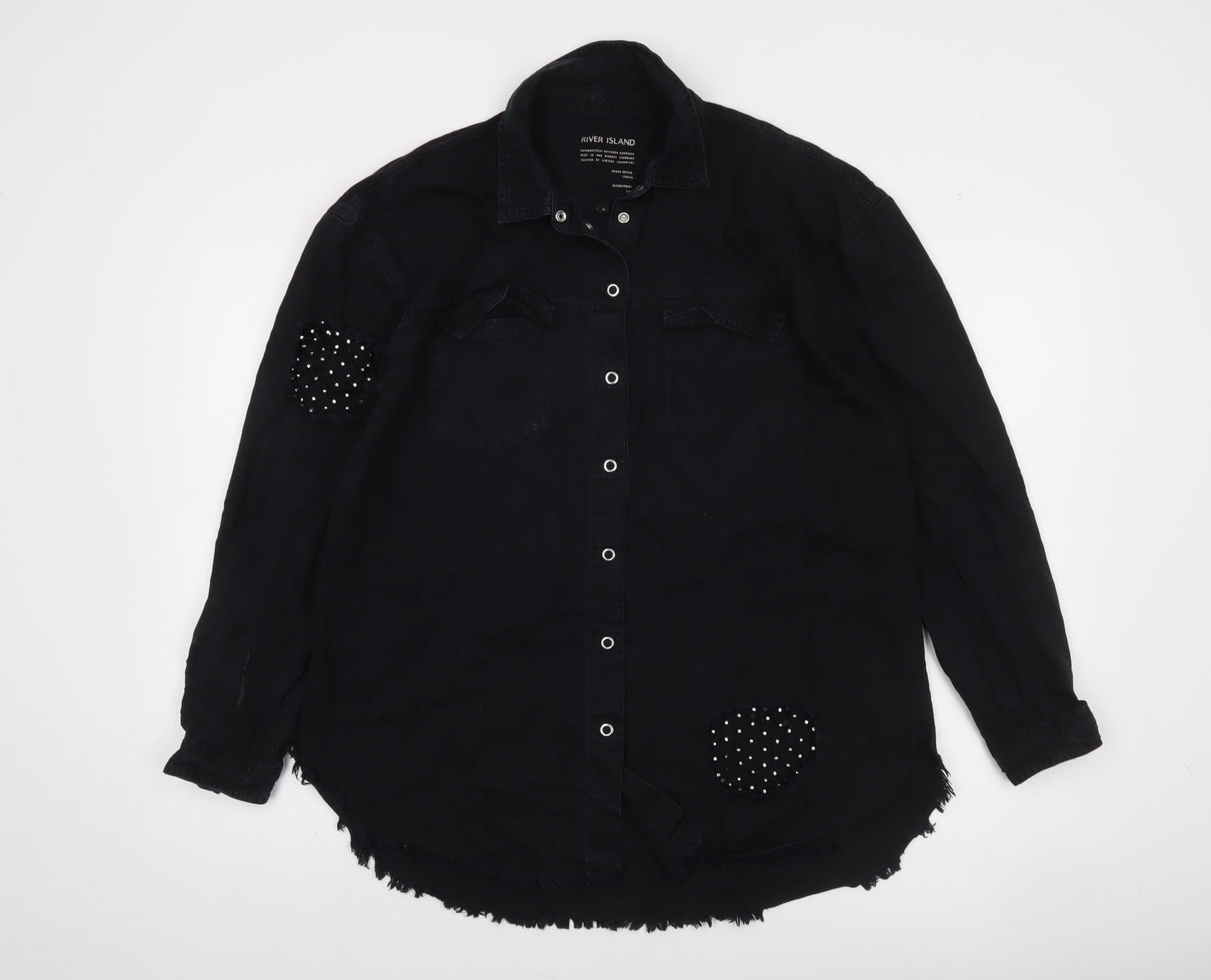 River Island Women's Black Studded Long Sleeve Cotton Button-Up Shirt M