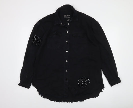 River Island Women's Black Studded Long Sleeve Cotton Button-Up Shirt M