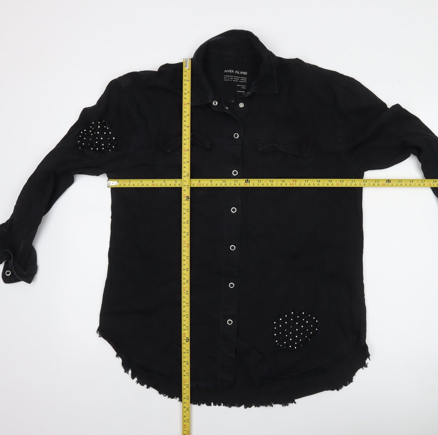 River Island Women's Black Studded Long Sleeve Cotton Button-Up Shirt M